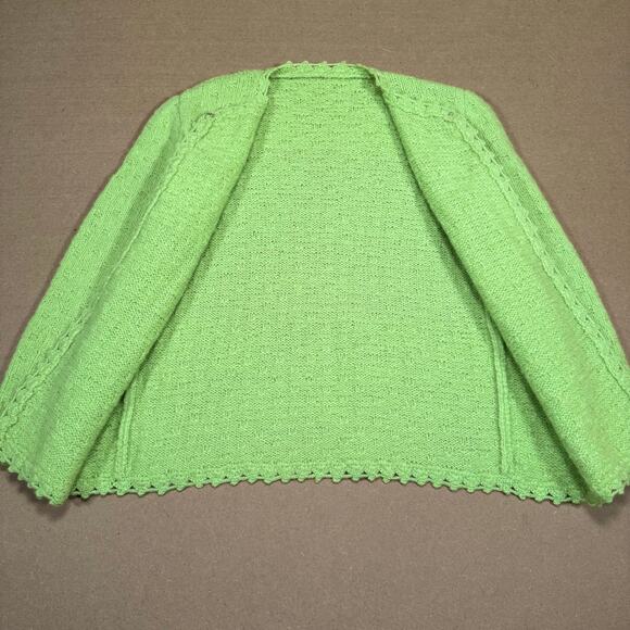 Vintage Lime Green Knit Cardigan Sweater Scalloped Edge Open Front Women’s M - Picture 3 of 8